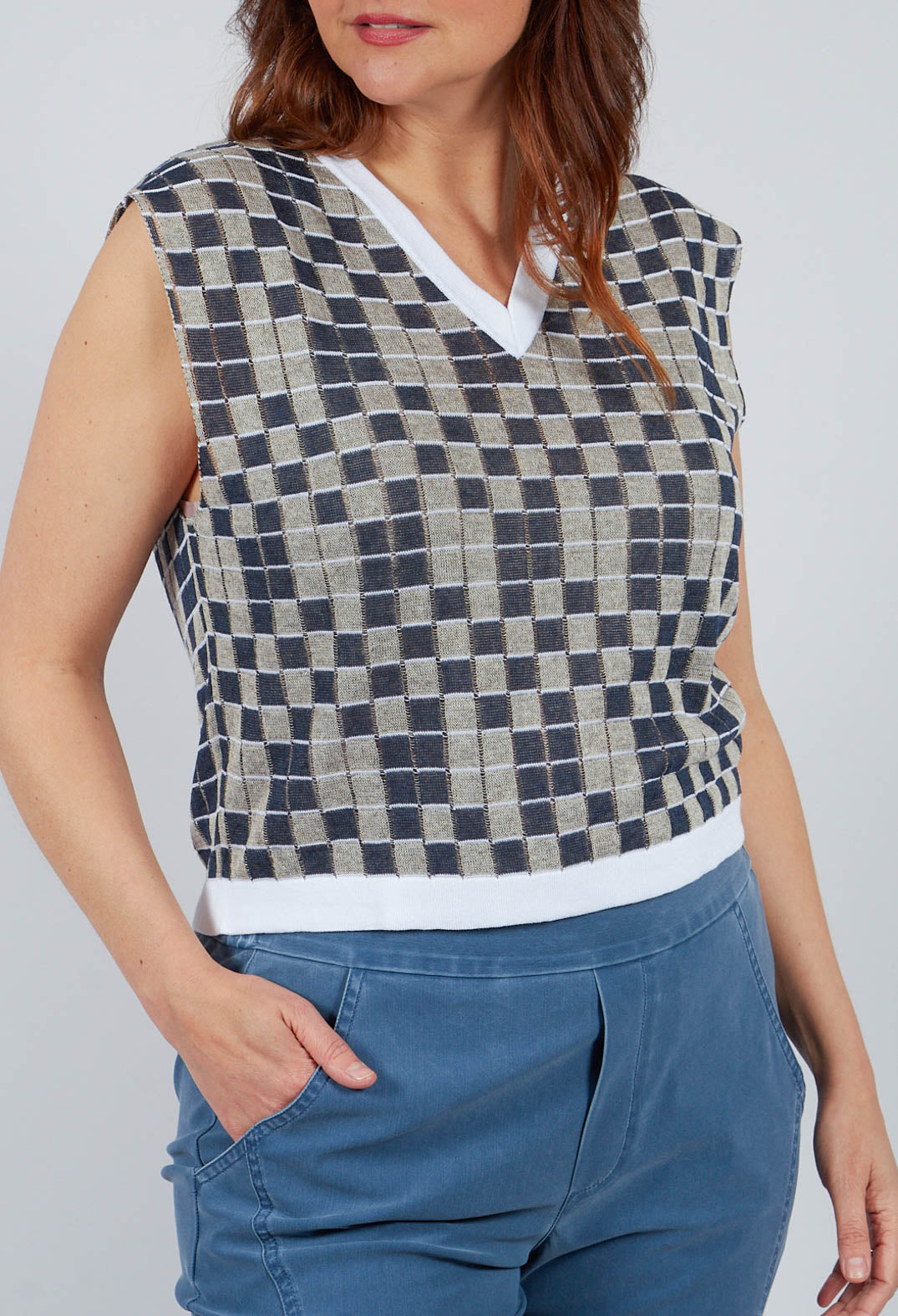 V Neck Check Vest in Deep Blue