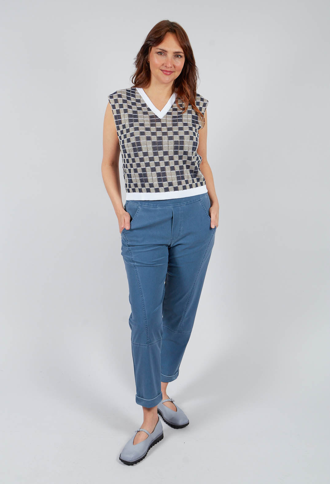 V Neck Check Vest in Deep Blue