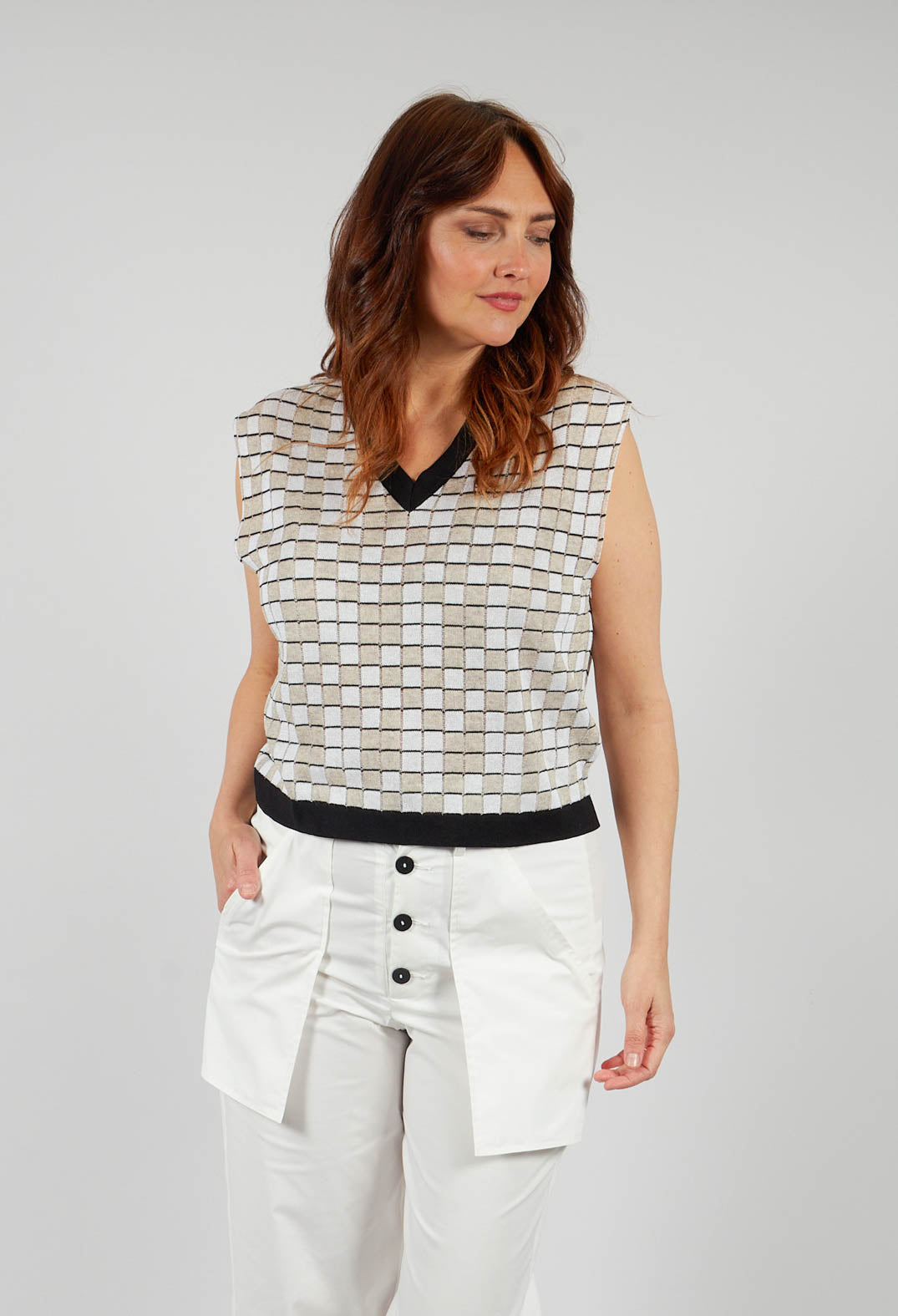 V Neck Check Vest in White