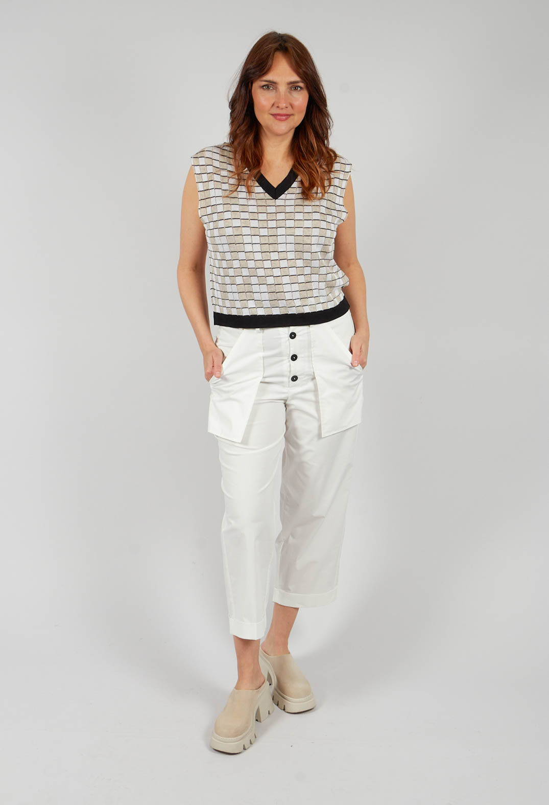 V Neck Check Vest in White