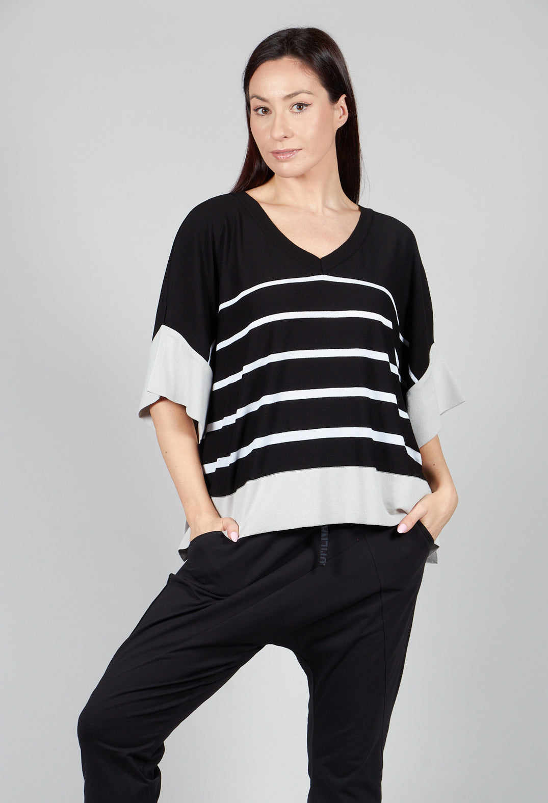 V Neck Jumper in Black and White Stripe