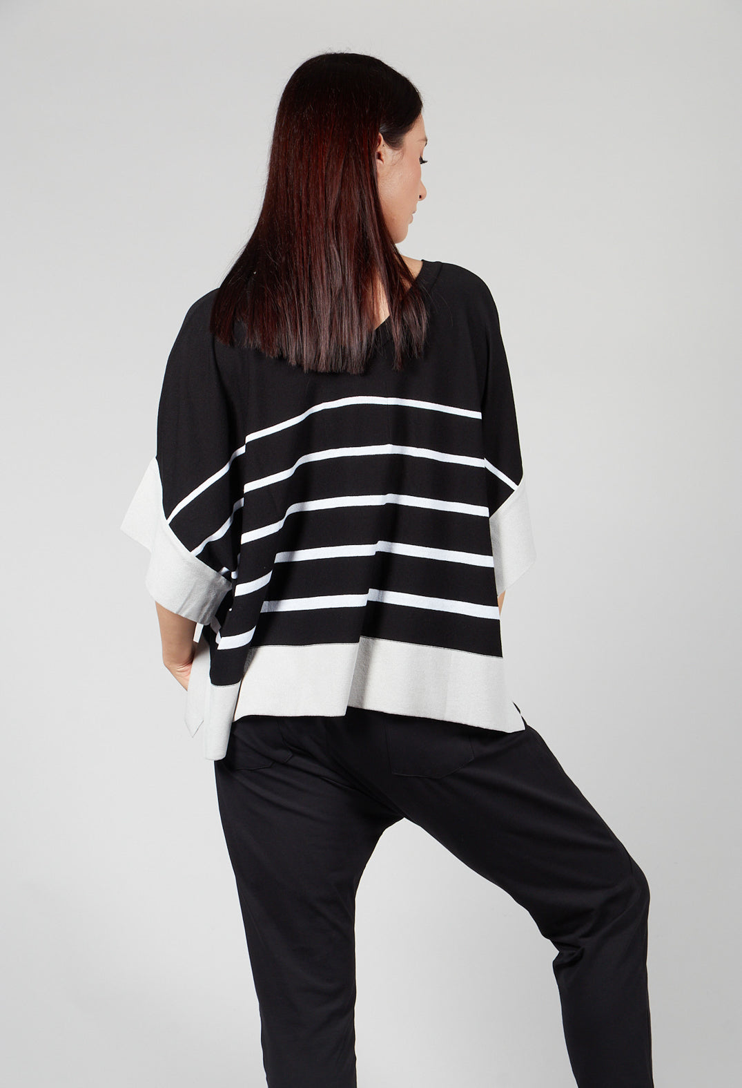 V Neck Jumper in Black and White Stripe