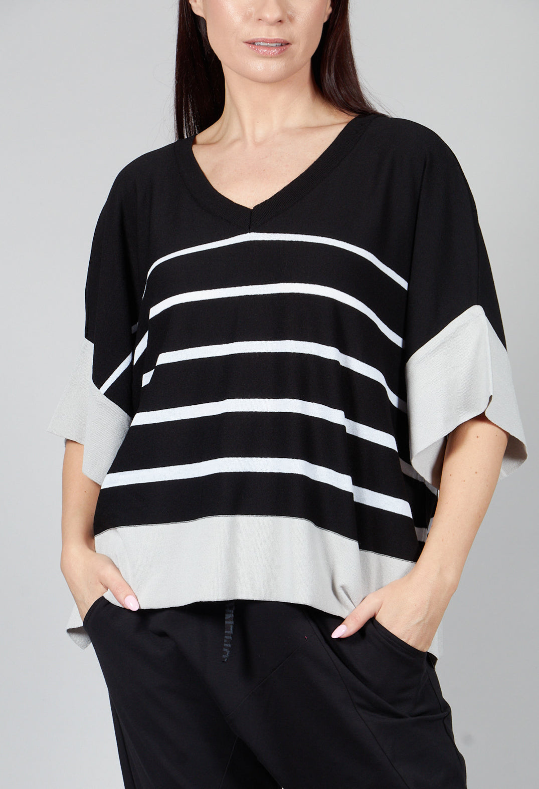 V Neck Jumper in Black and White Stripe