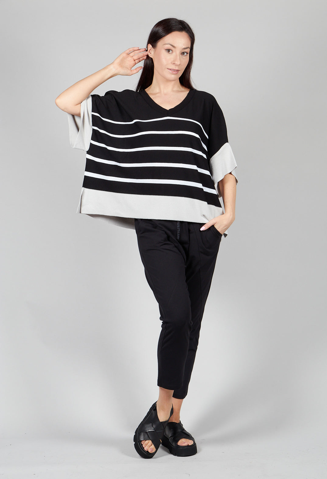 V Neck Jumper in Black and White Stripe