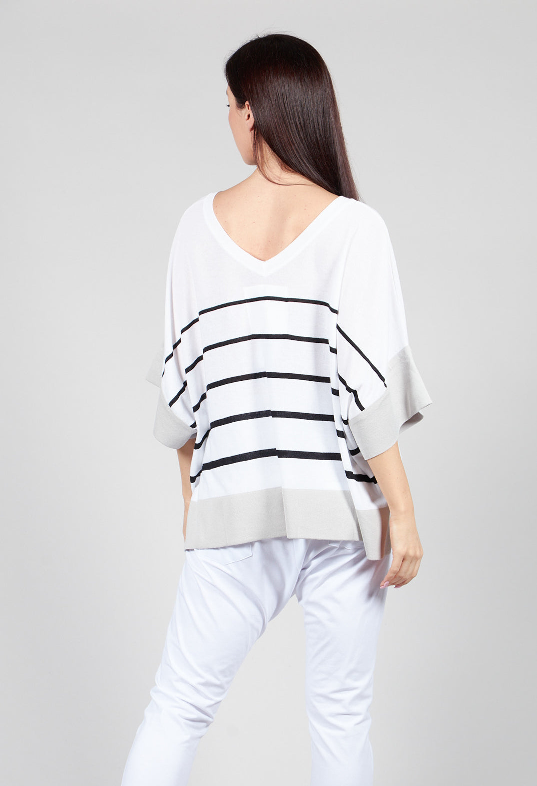 V Neck Jumper in White and Black Stripe