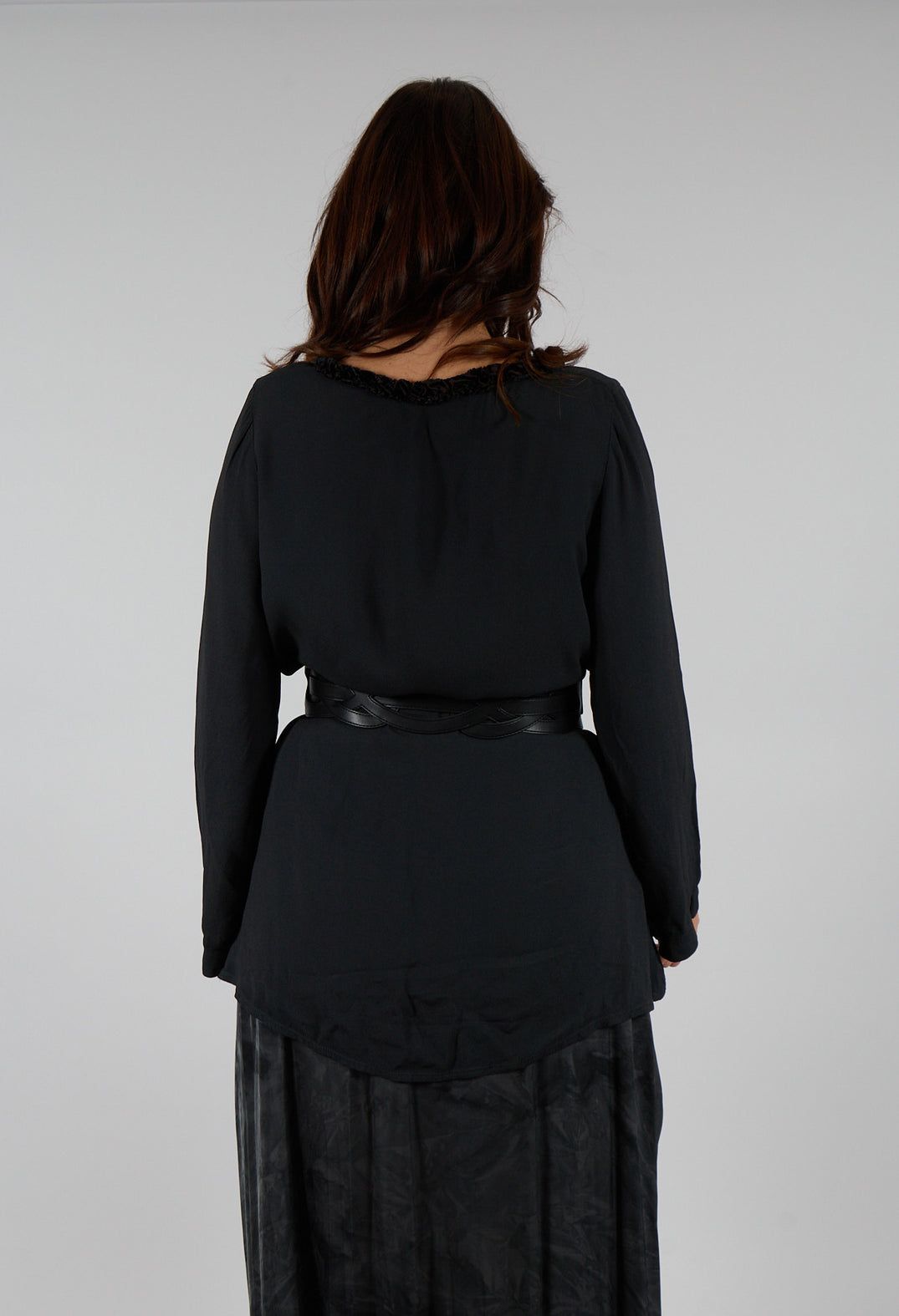 Loose Crepe Tunic with Velvet Patterned Trim in Flint