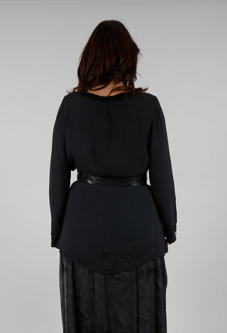 Loose Crepe Tunic with Velvet Patterned Trim in Flint