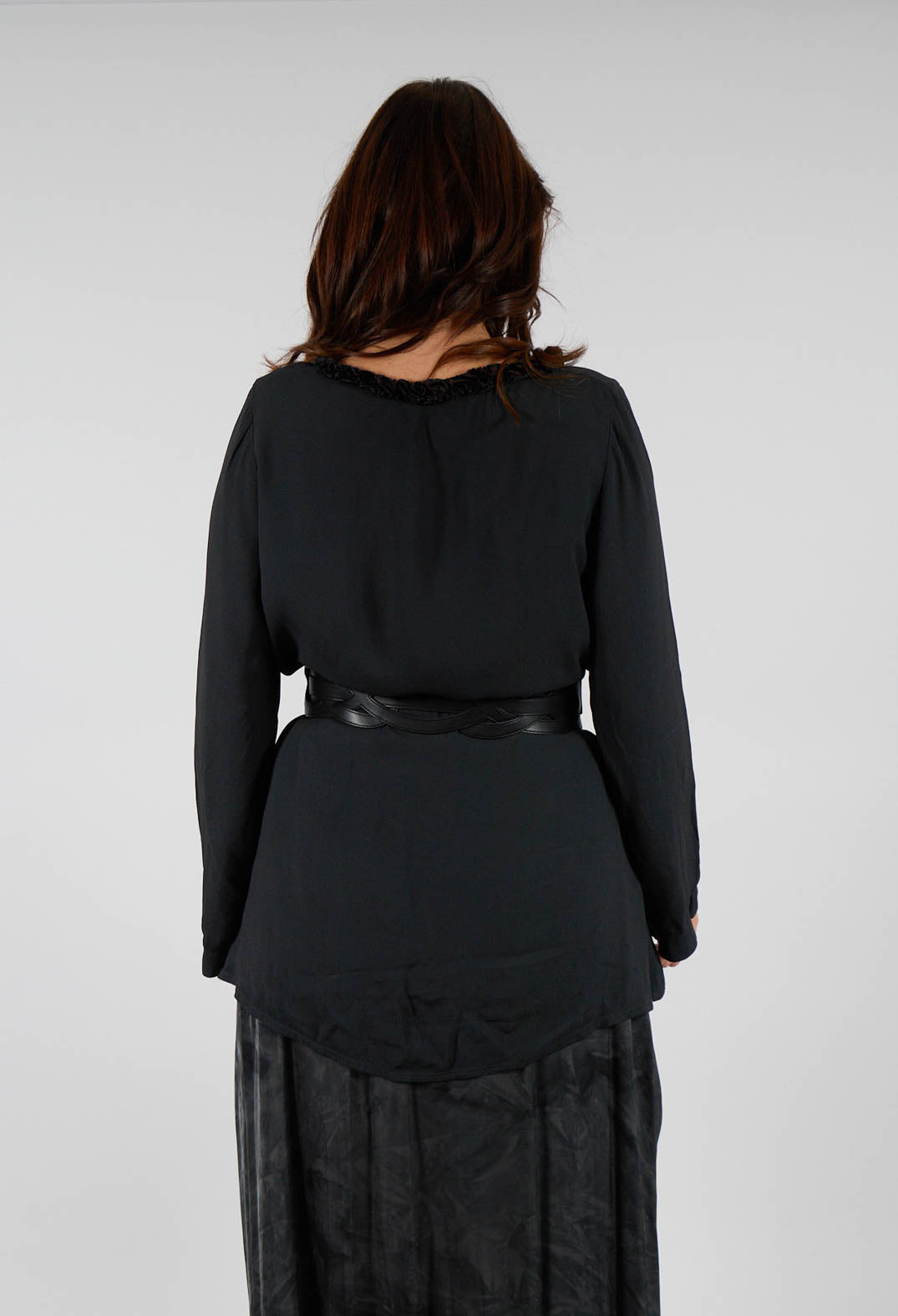 Loose Crepe Tunic with Velvet Patterned Trim in Flint