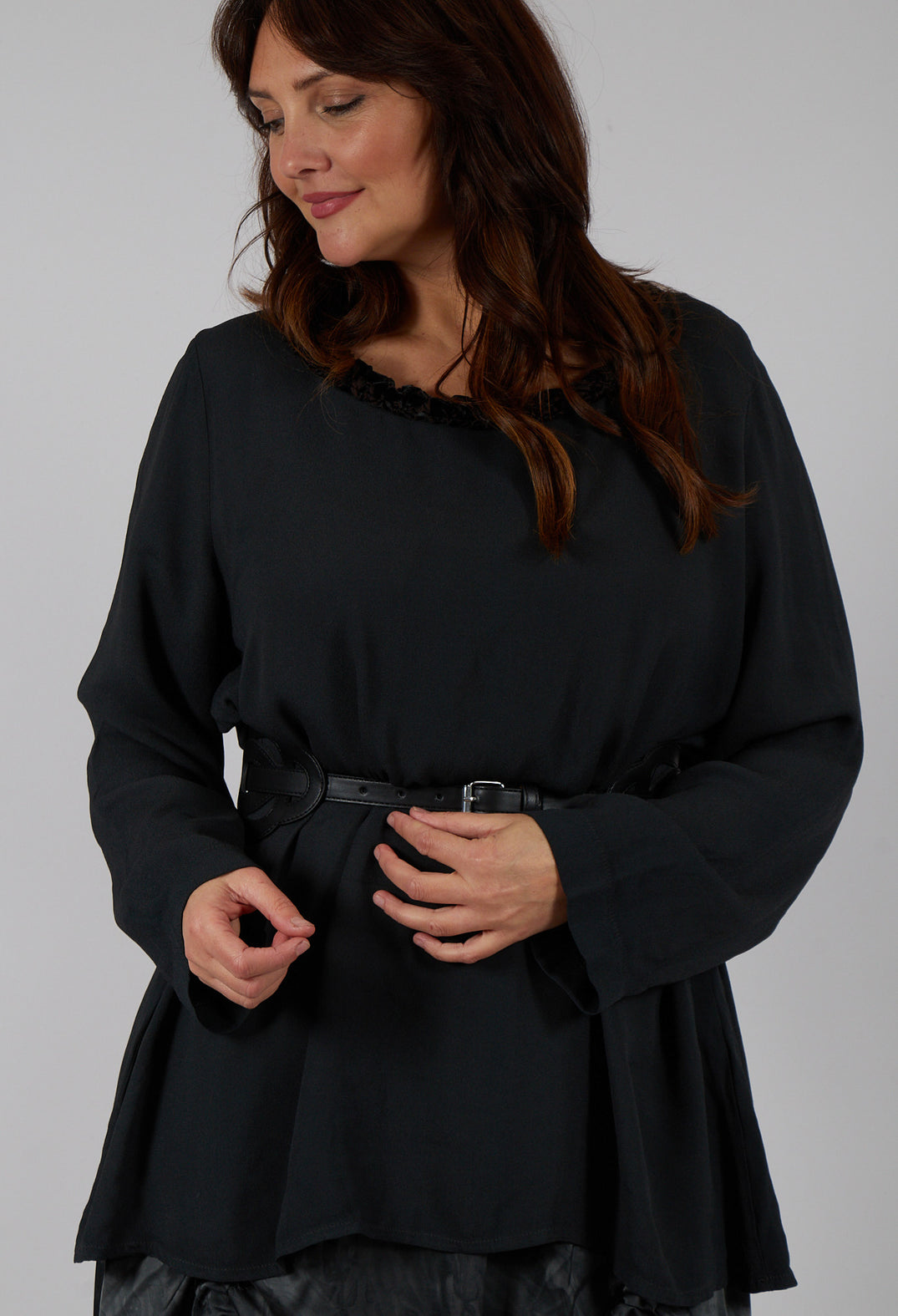 Loose Crepe Tunic with Velvet Patterned Trim in Flint