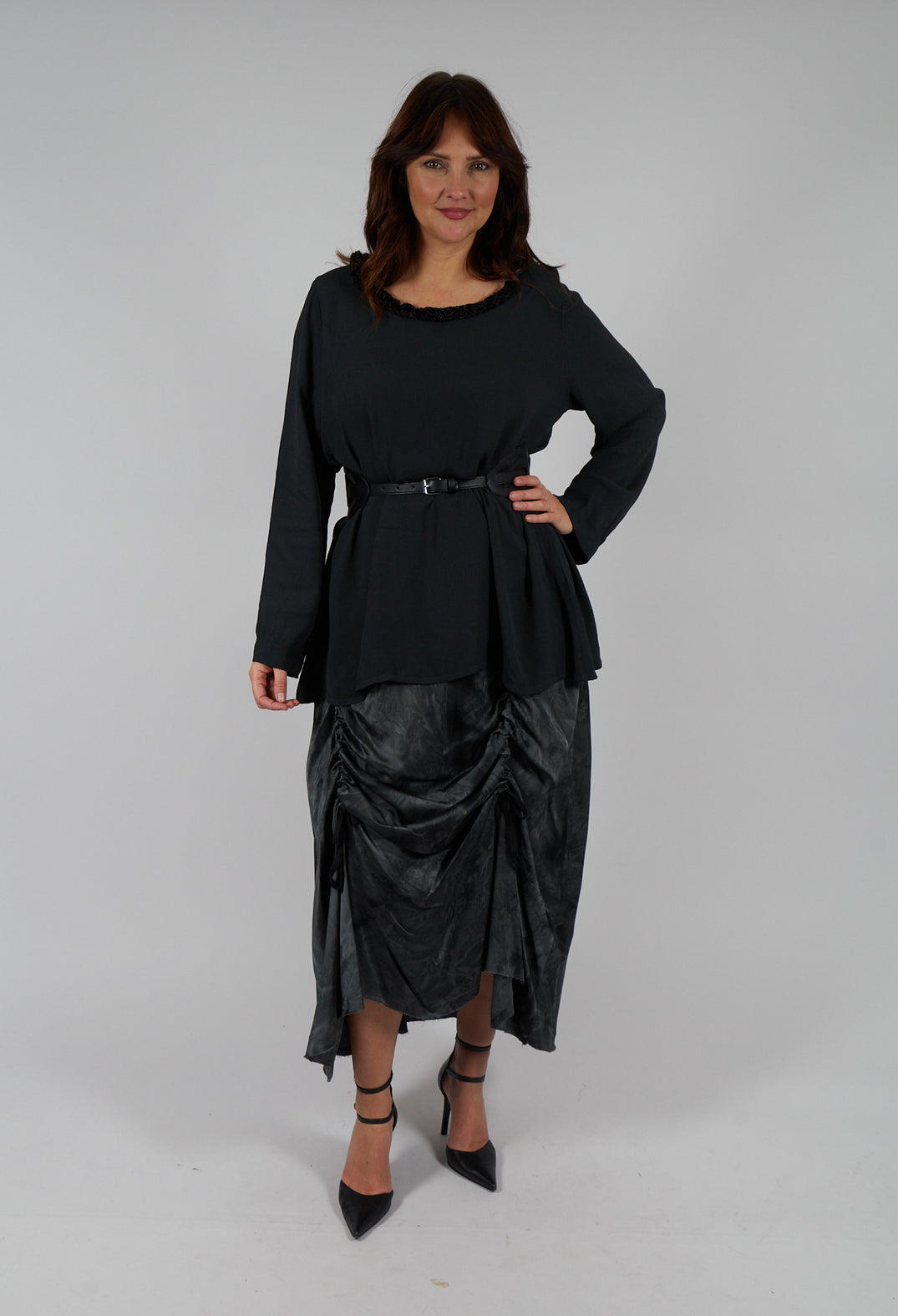 Loose Crepe Tunic with Velvet Patterned Trim in Flint