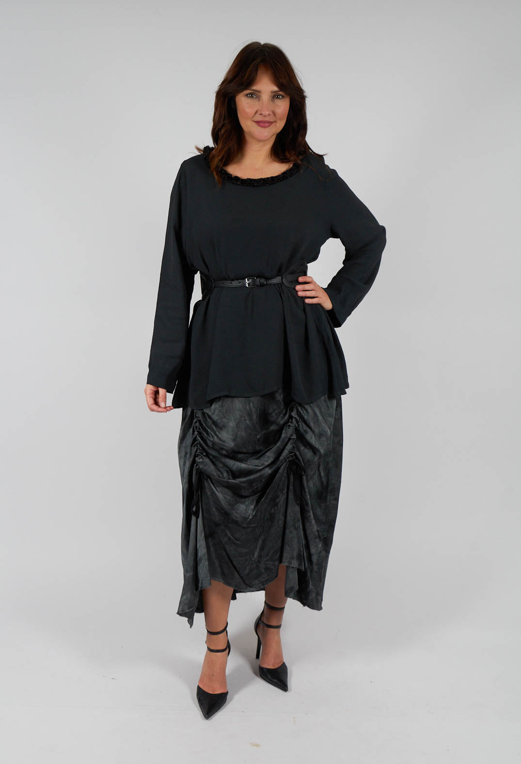 Loose Crepe Tunic with Velvet Patterned Trim in Flint