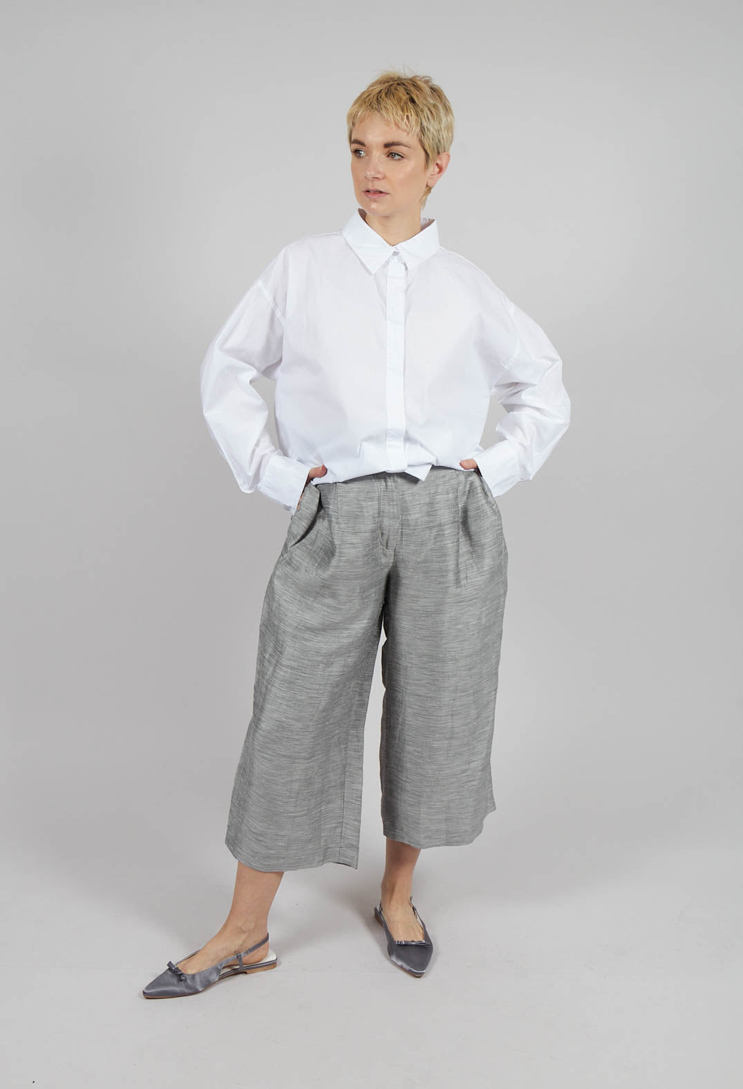 Cropped Wide Leg Trousers in Light Grey