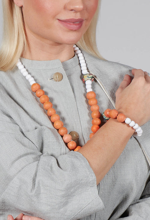 Beaded Bracelet with Paper Mache Ball in Orange/White