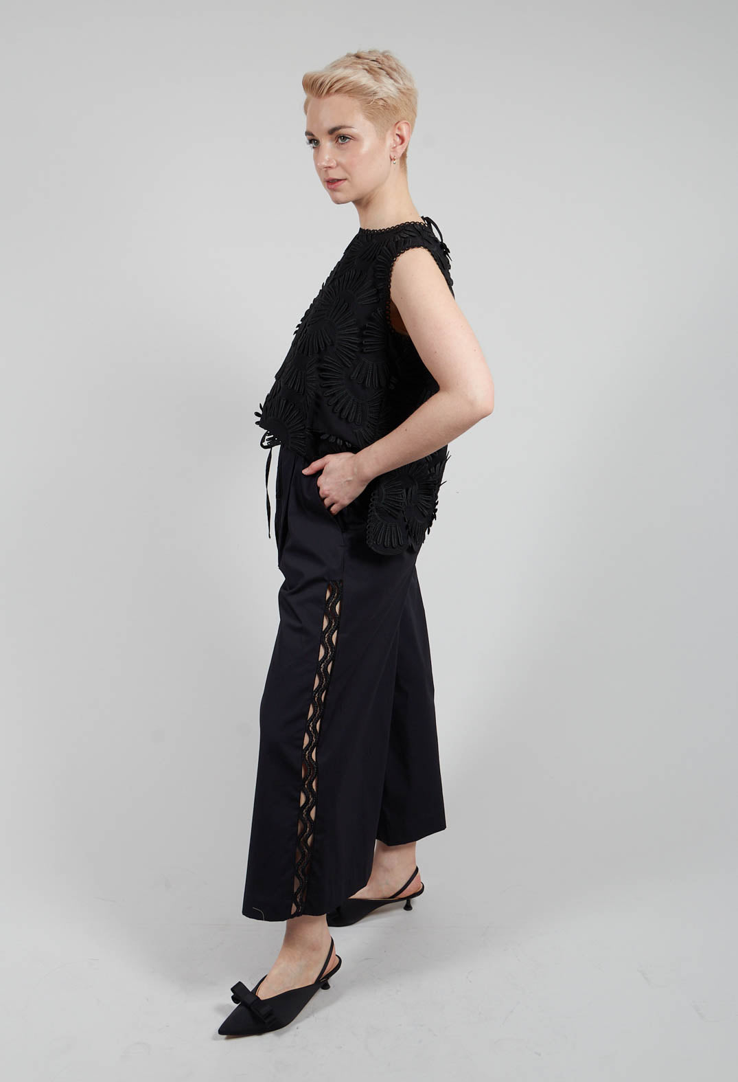 Vega Wide Leg Trousers with Lace Insert in Black