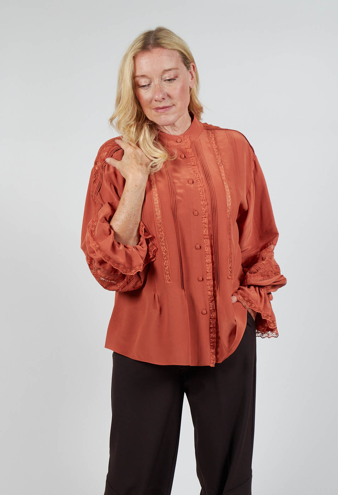 Washed Silk Blend Shirt with Lace in Caramel