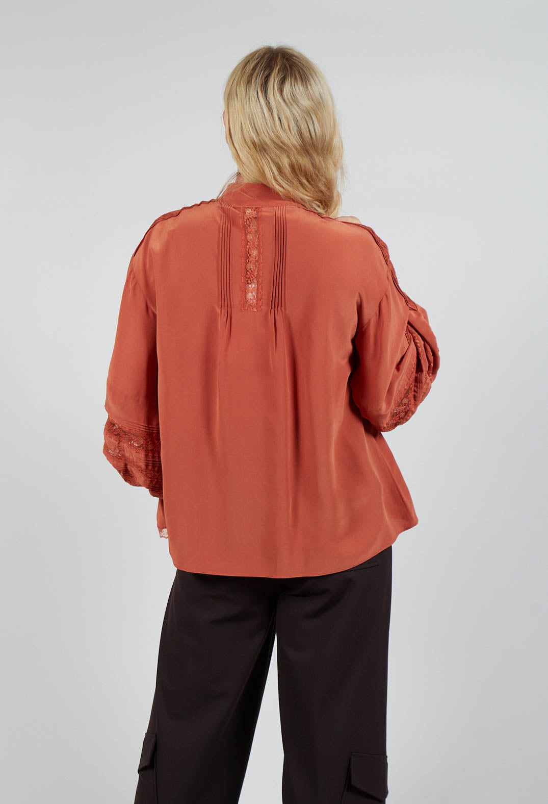 Washed Silk Blend Shirt with Lace in Caramel