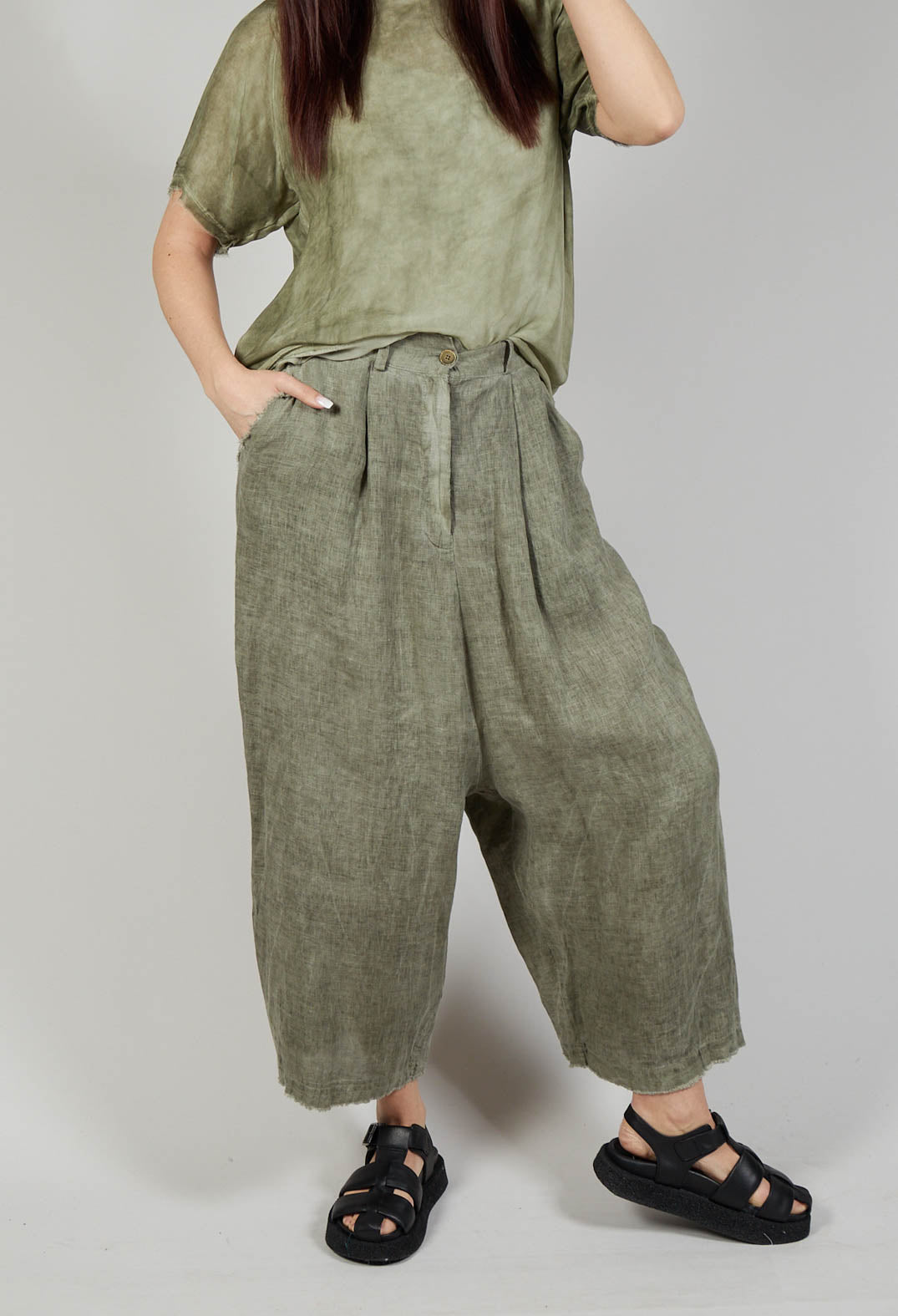 Wide Leg Capri Trousers in Lino Olive