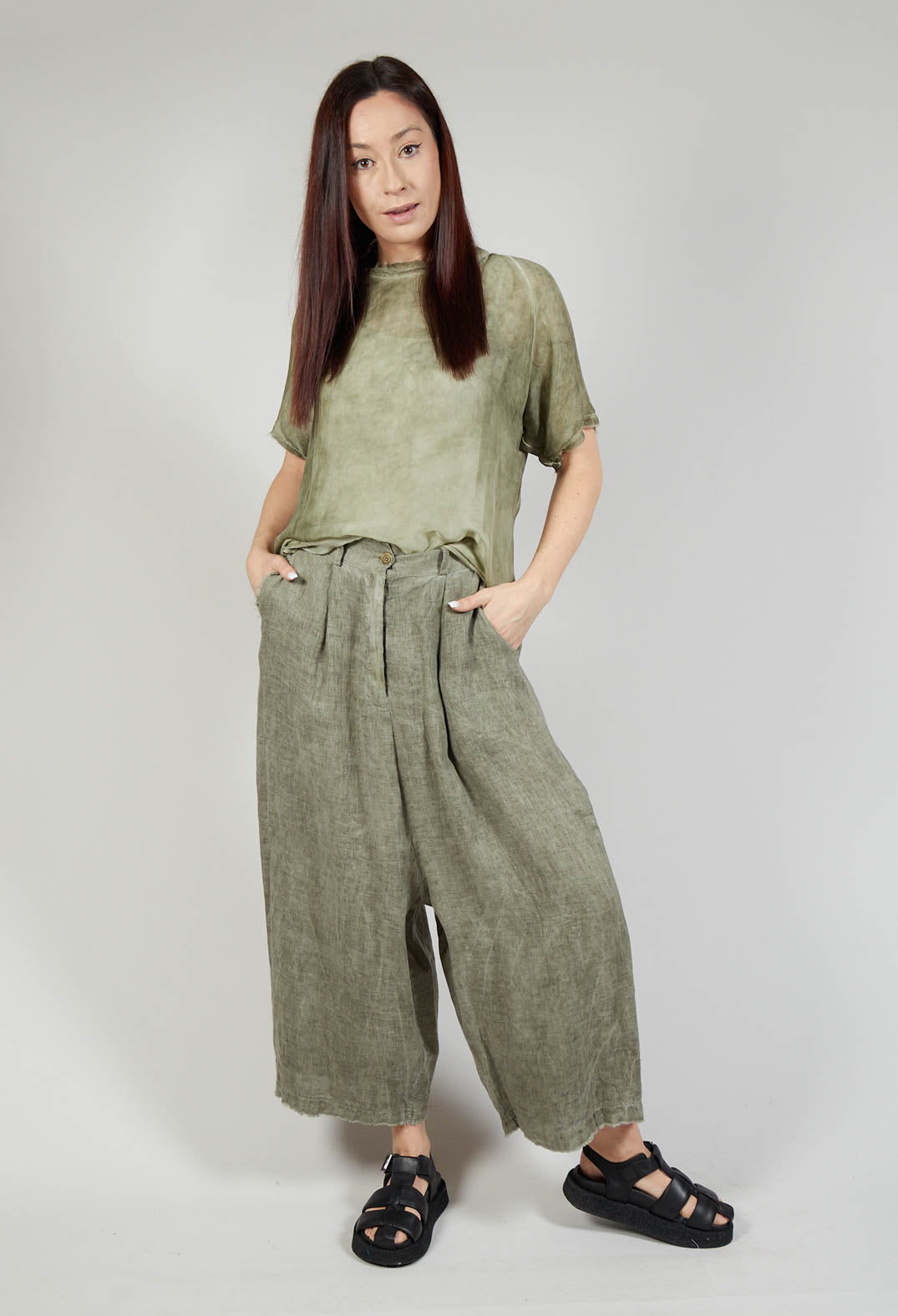 Wide Leg Capri Trousers in Lino Olive