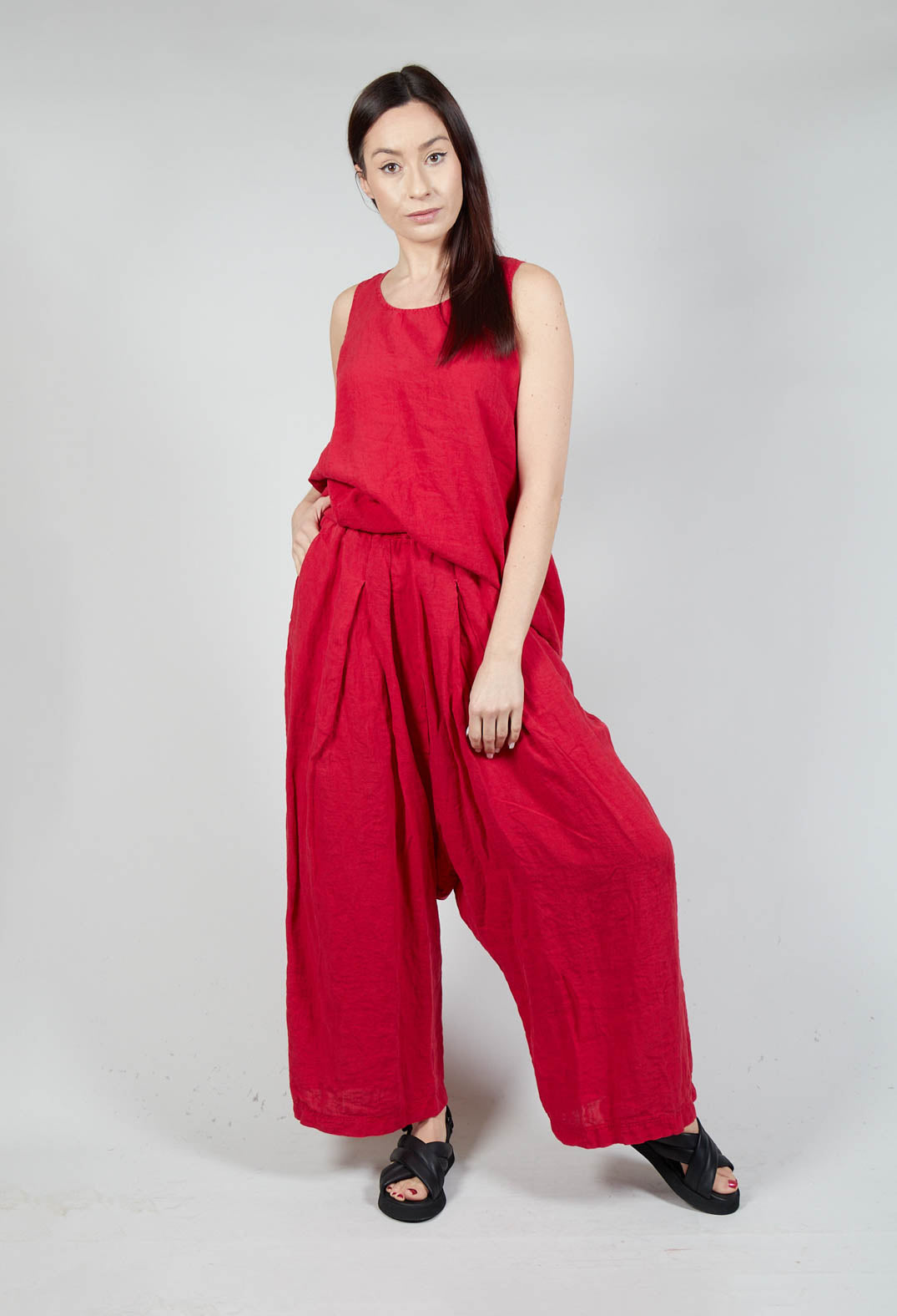 Wide Leg Drop Crotch Linen Trousers in Chili