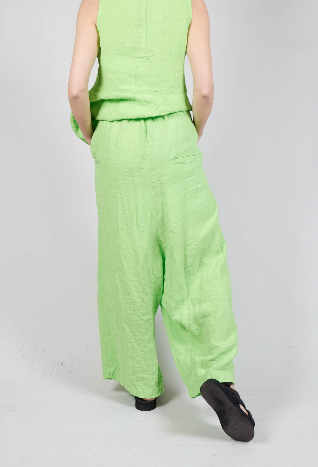 Wide Leg Drop Crotch Linen Trousers in Lime