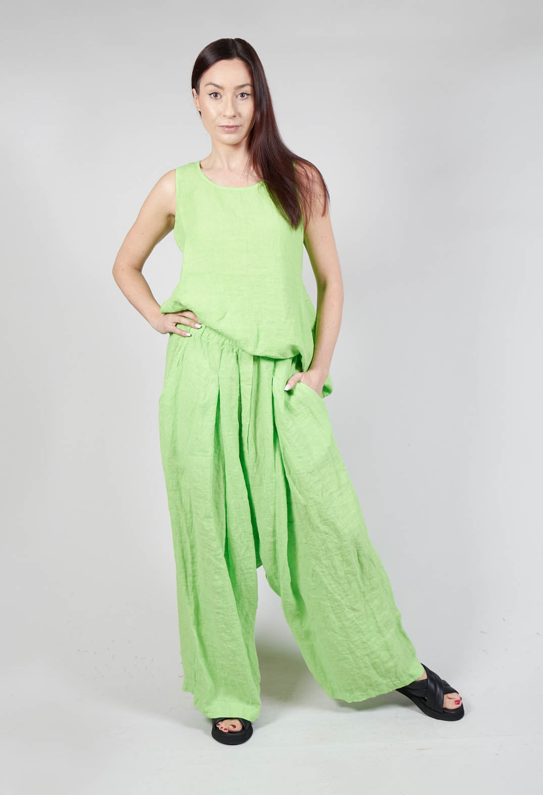 Wide Leg Drop Crotch Linen Trousers in Lime