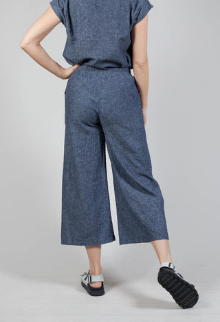 Wide Leg Linen Trousers in Blue Denim