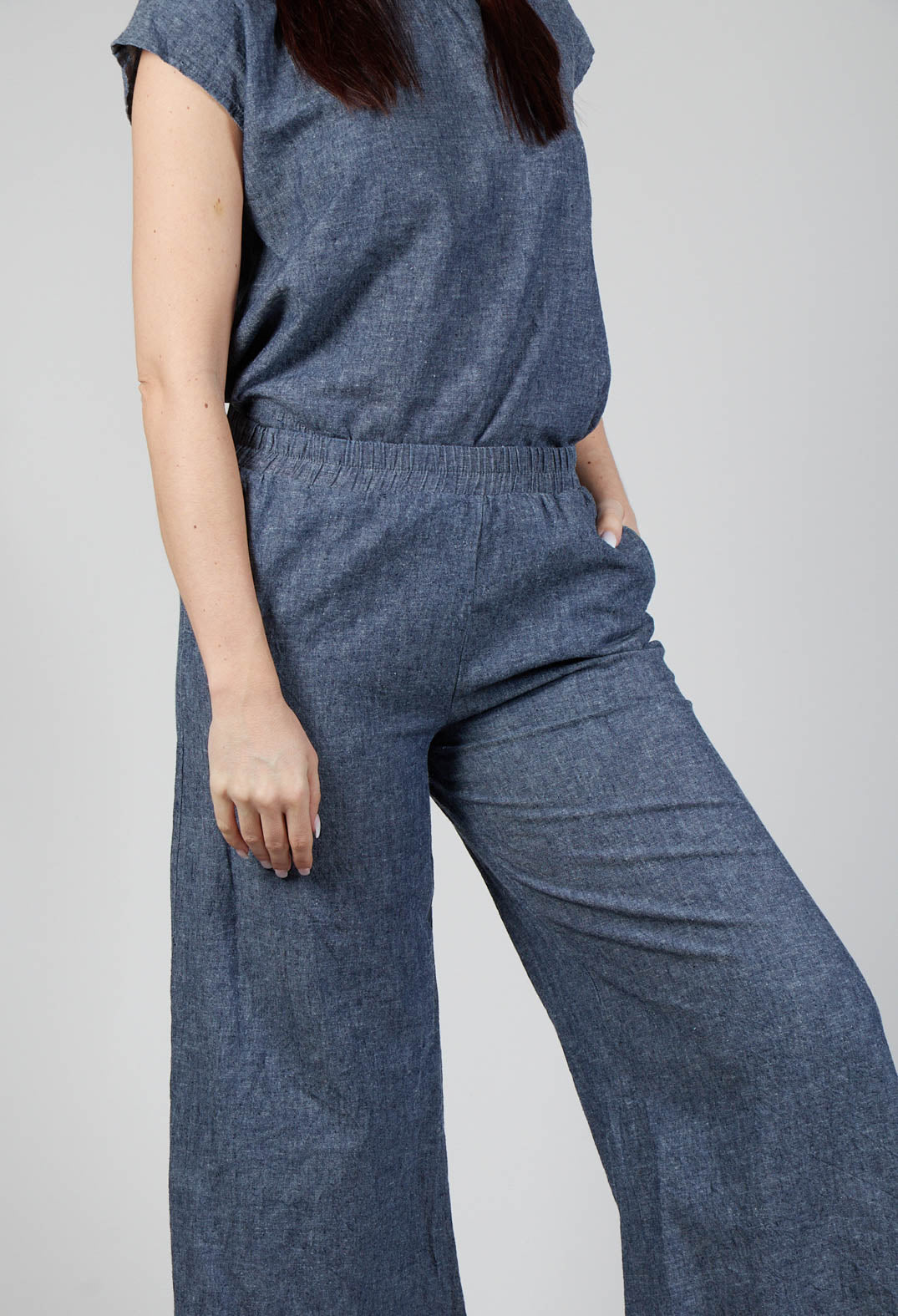 Wide Leg Linen Trousers in Blue Denim