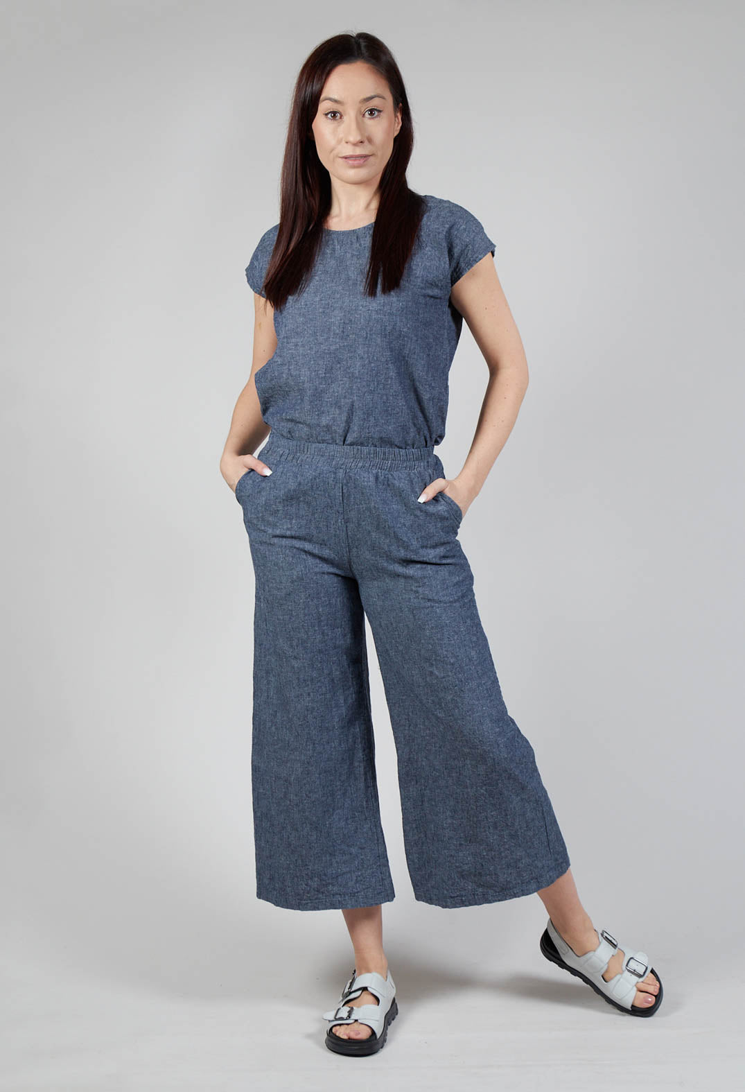 Wide Leg Linen Trousers in Blue Denim