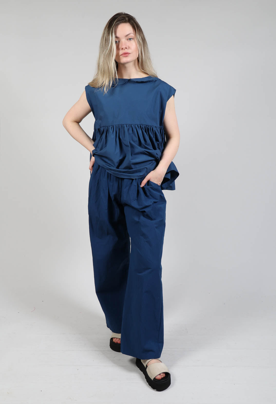 Wide Leg Straight Trousers in Marine Blue