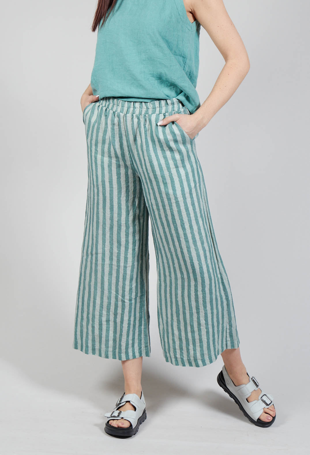 Wide Leg Striped Linen Trousers in Teal