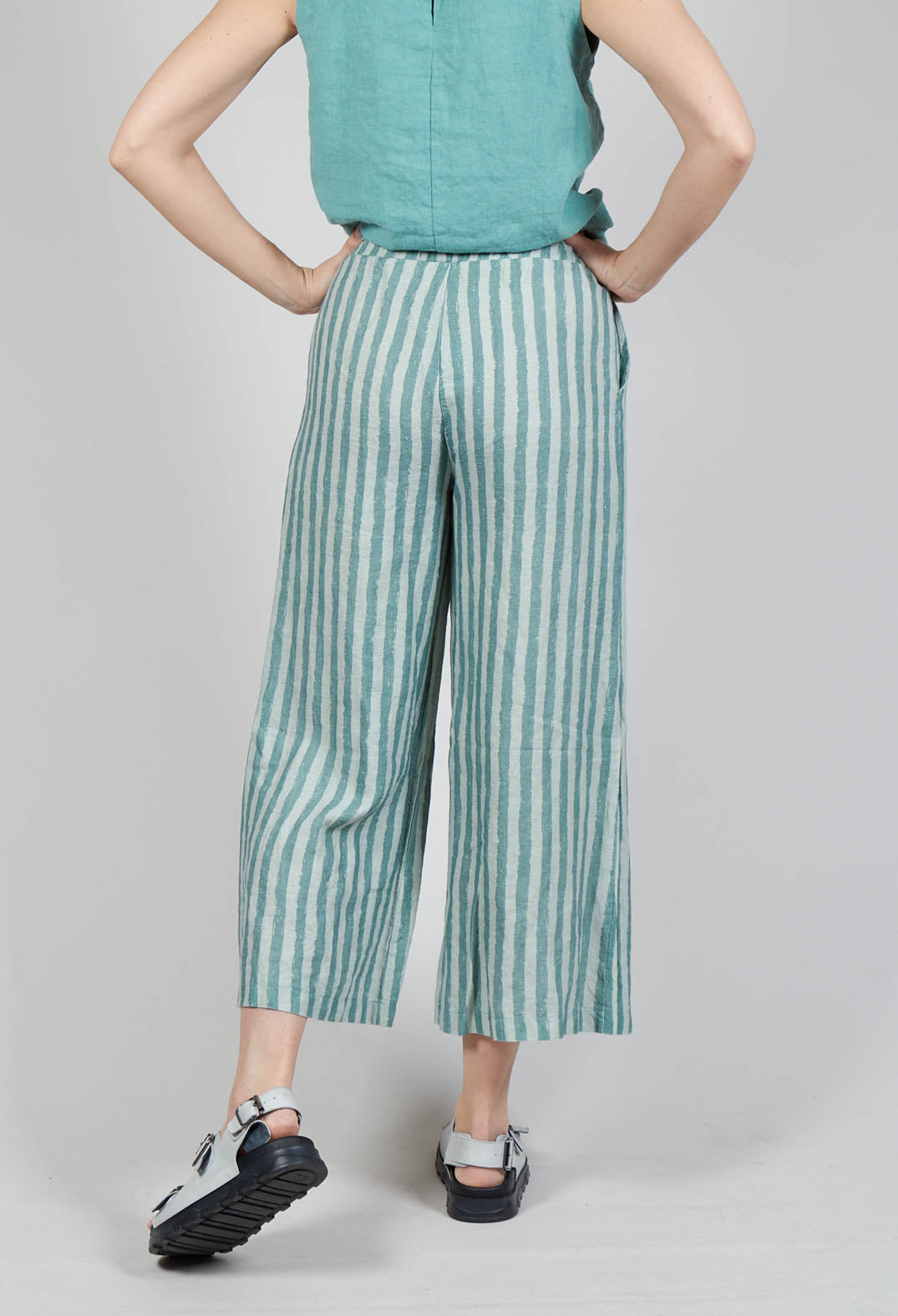 Wide Leg Striped Linen Trousers in Teal