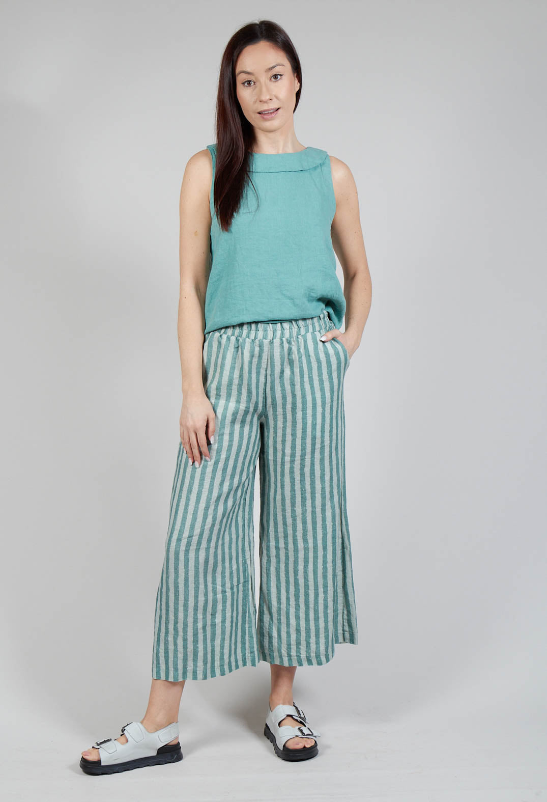 Wide Leg Striped Linen Trousers in Teal