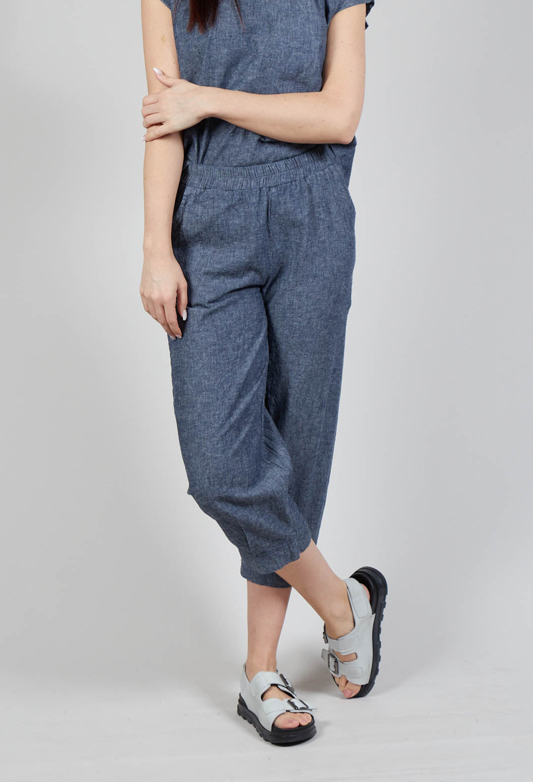 Wide Leg Turn Up Trousers in Blue Denim