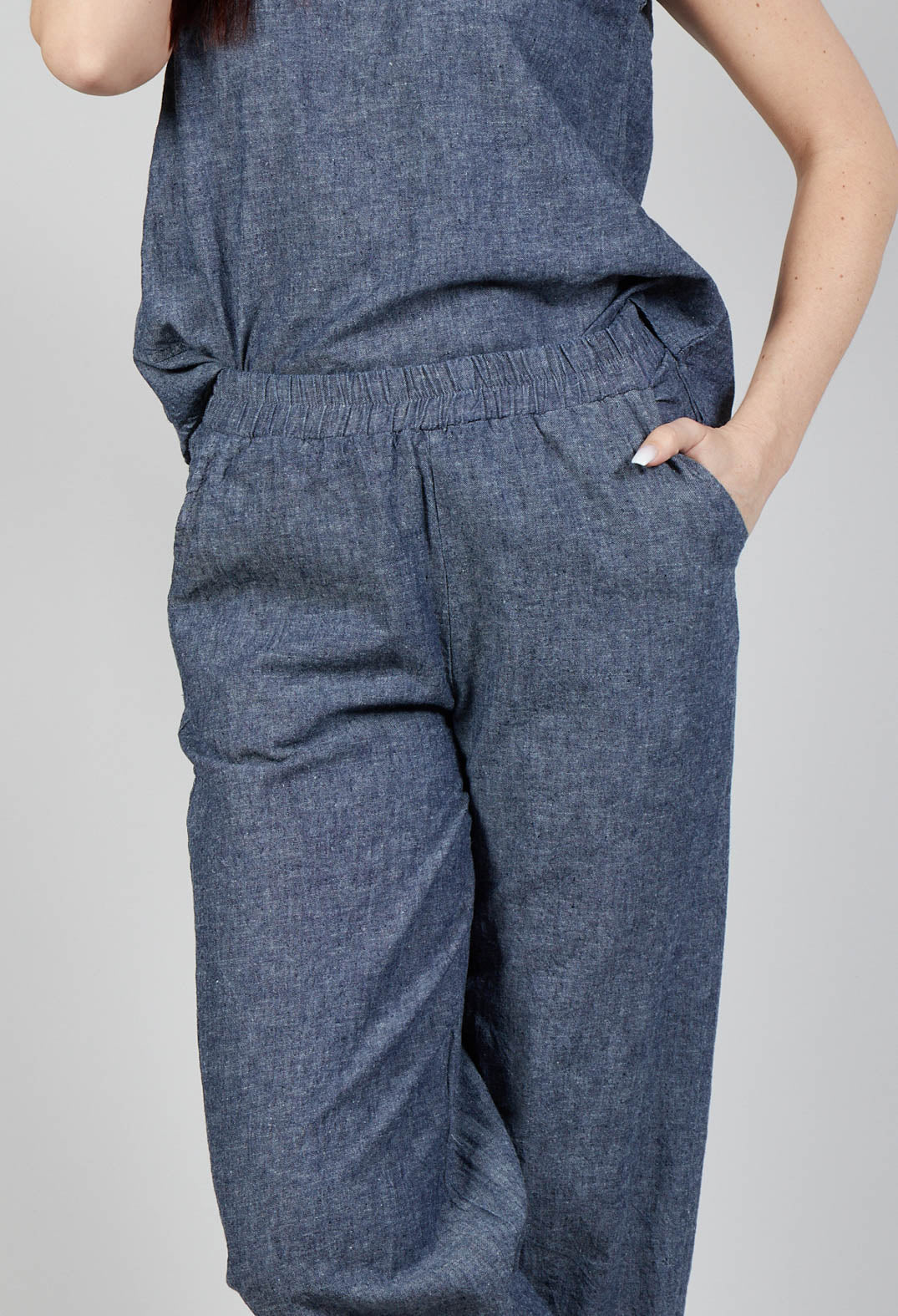 Wide Leg Turn Up Trousers in Blue Denim