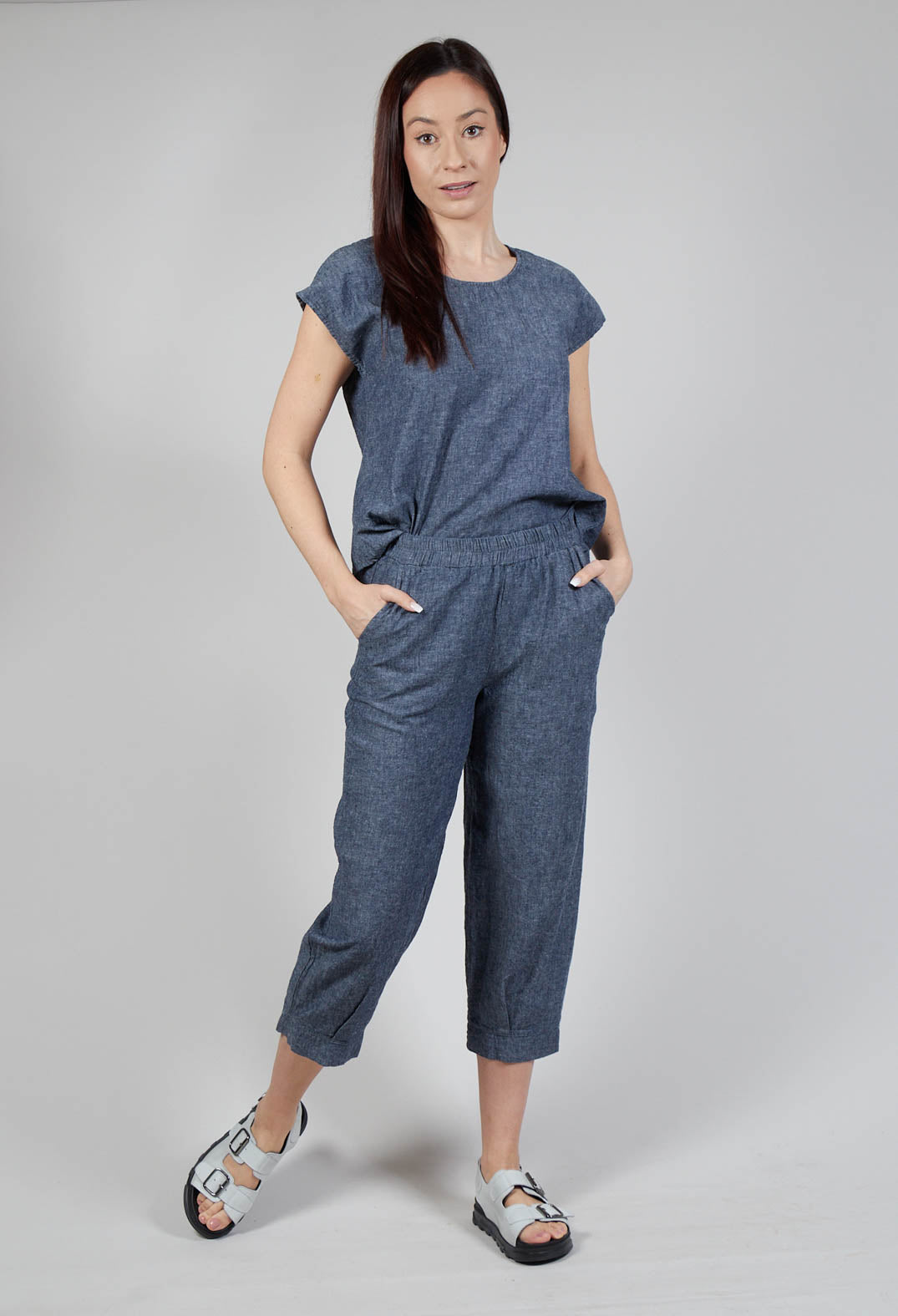 Wide Leg Turn Up Trousers in Blue Denim