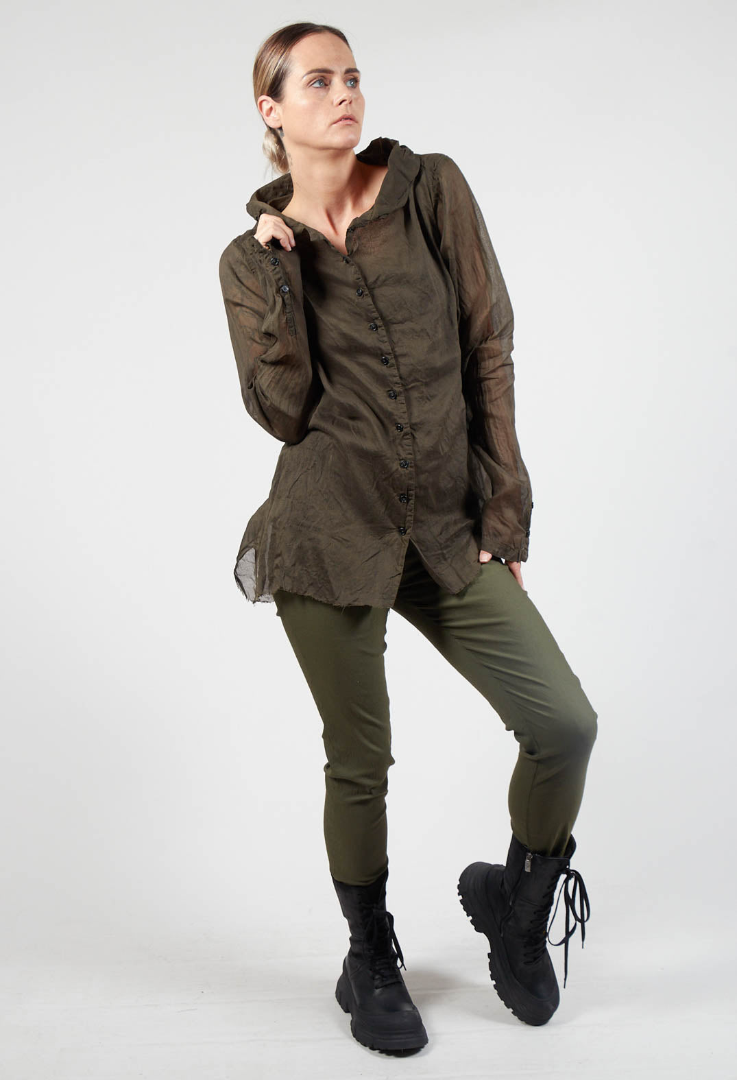 Wide Neck Long Sleeved Blouse in Khaki