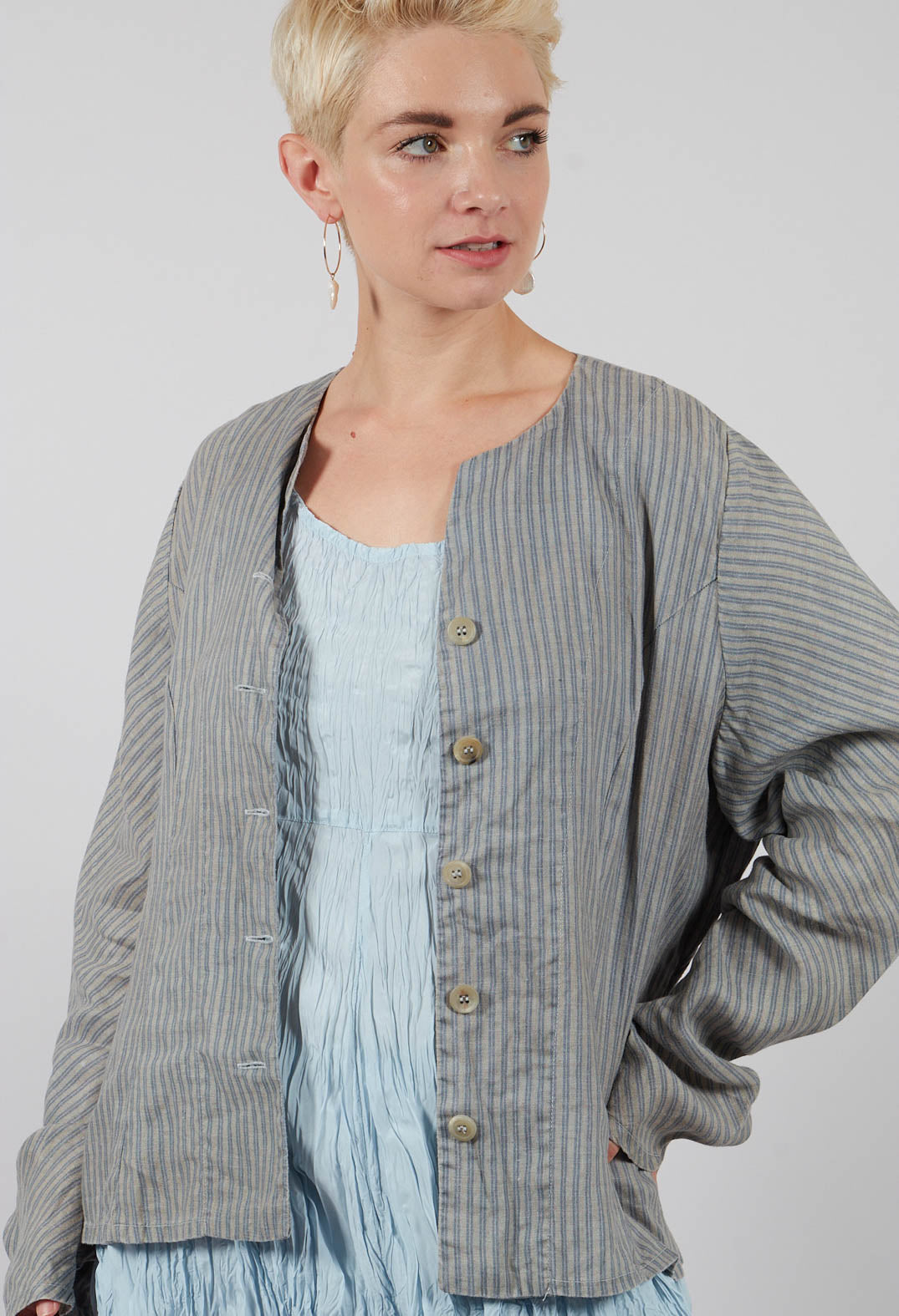 Blazer with Button Up Front in Baby Blue Stripe