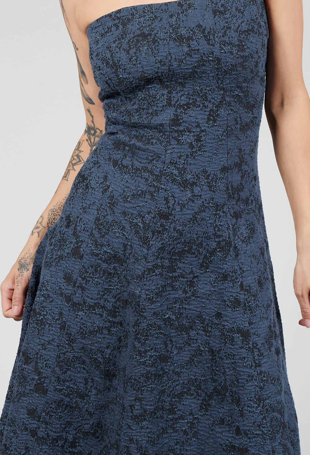 Strapless Dress with Textured Pattern and Flared Skirt in Ink