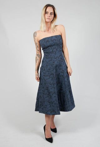 Strapless Dress with Textured Pattern and Flared Skirt in Ink