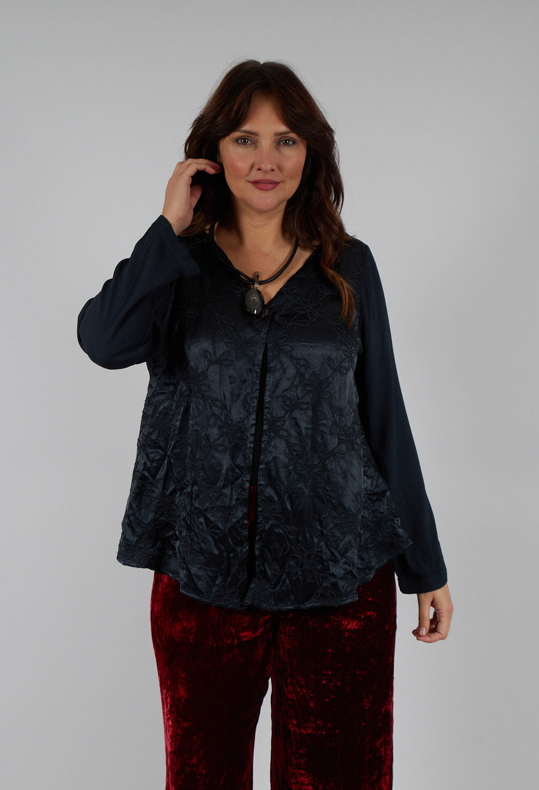 Satin Front Jacket with Embroidery in Storm