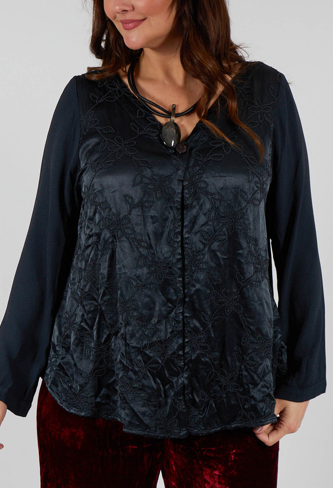 Satin Front Jacket with Embroidery in Storm