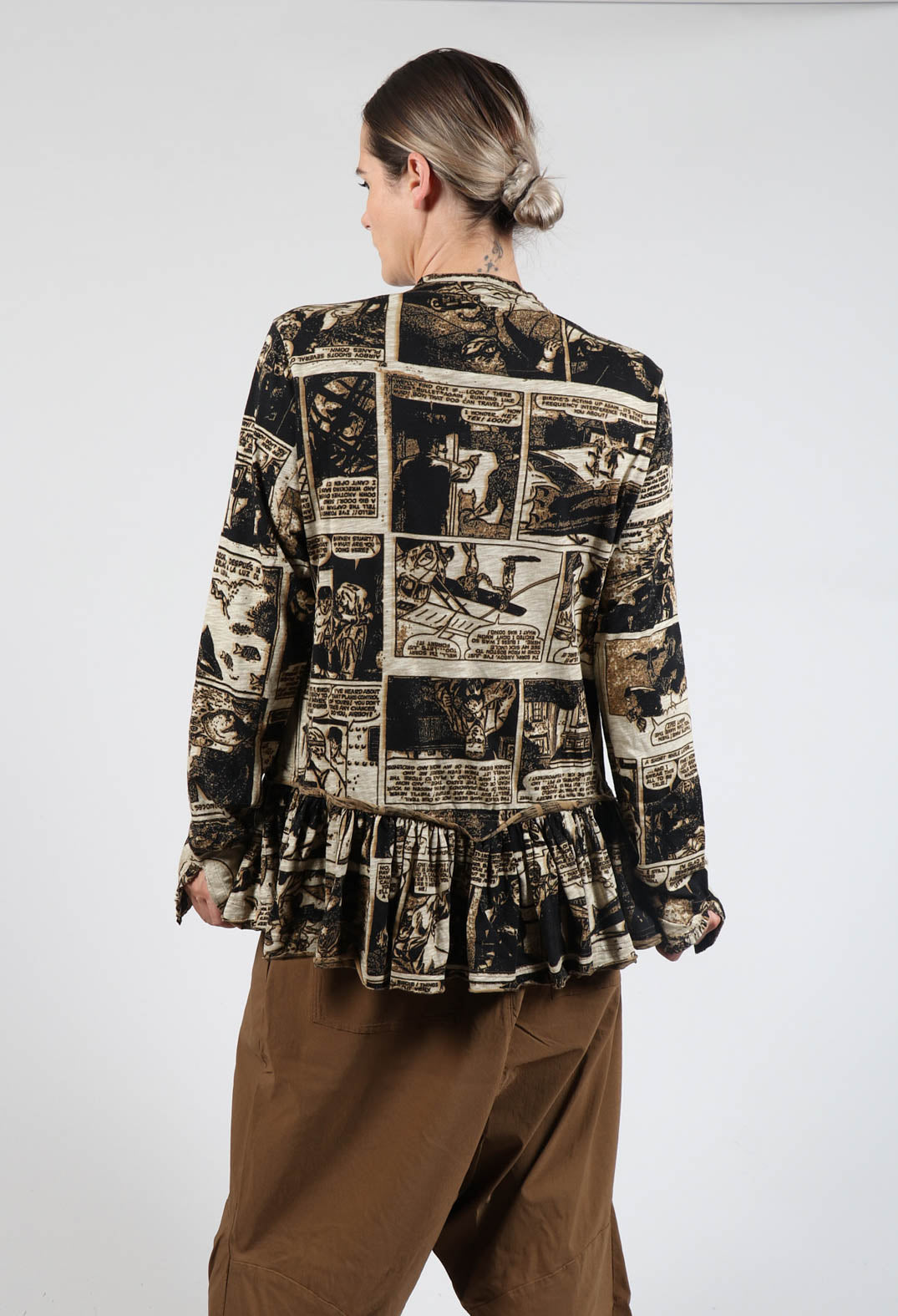 Zip Up Jacket with Ruffle Peplum Hem in Bronze Print
