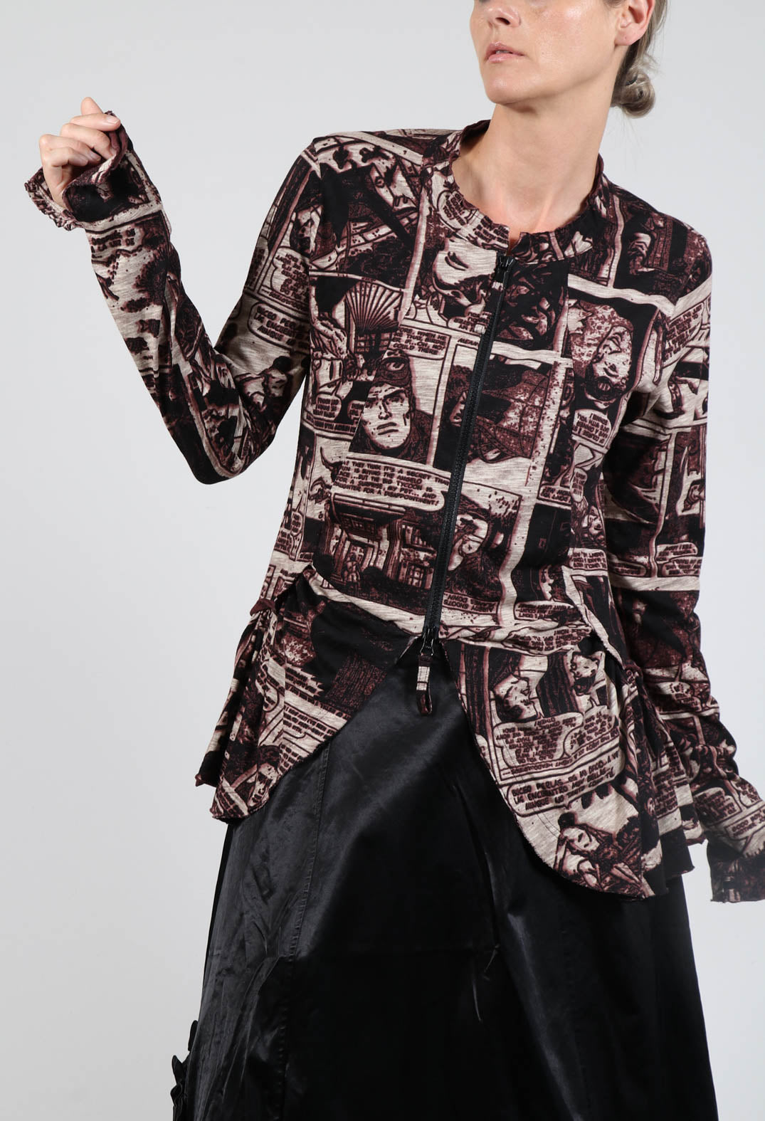 Zip Up Jacket with Ruffle Peplum Hem in Wood Print