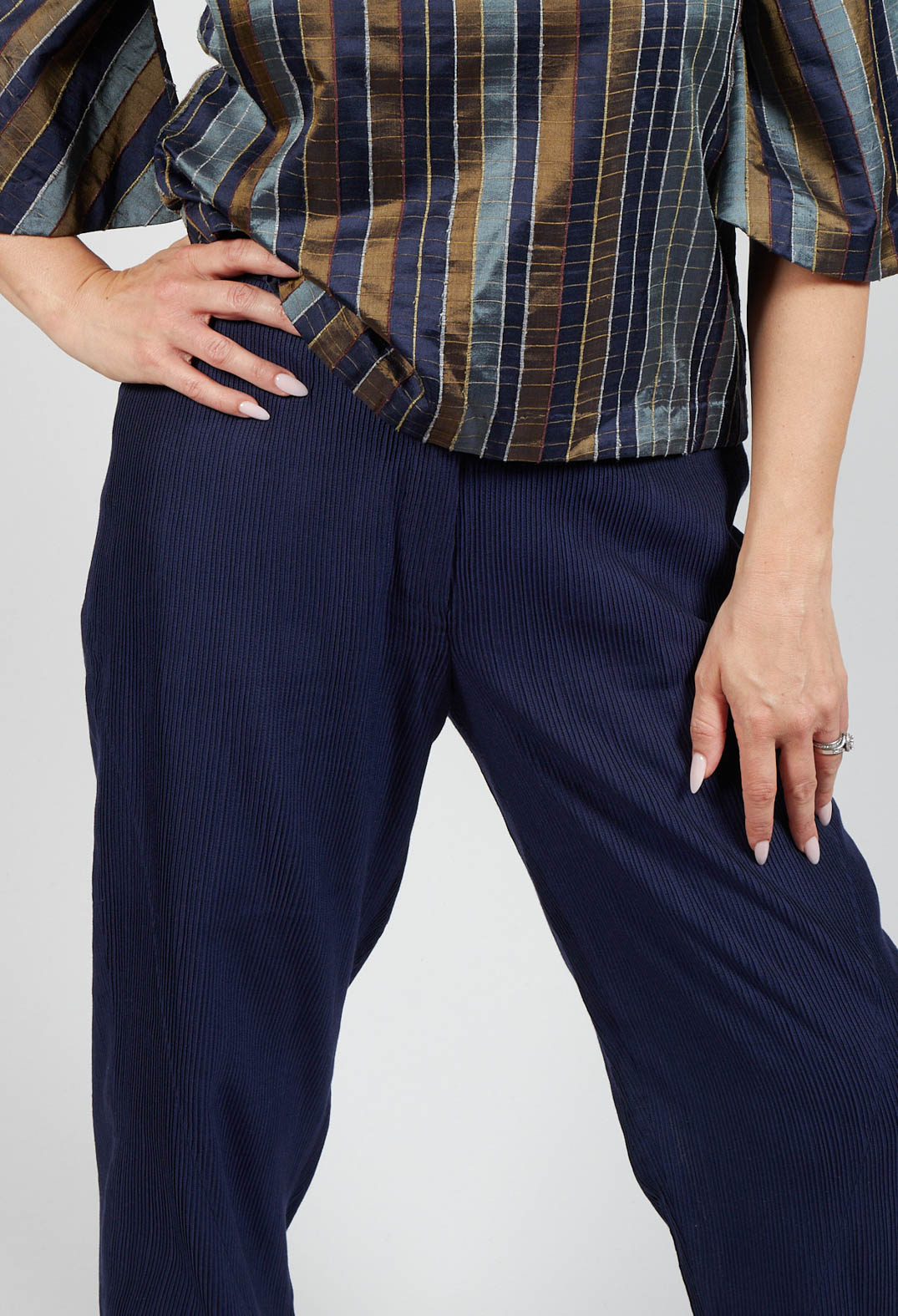 Panelled Cotton Pintuck Pants in Blue