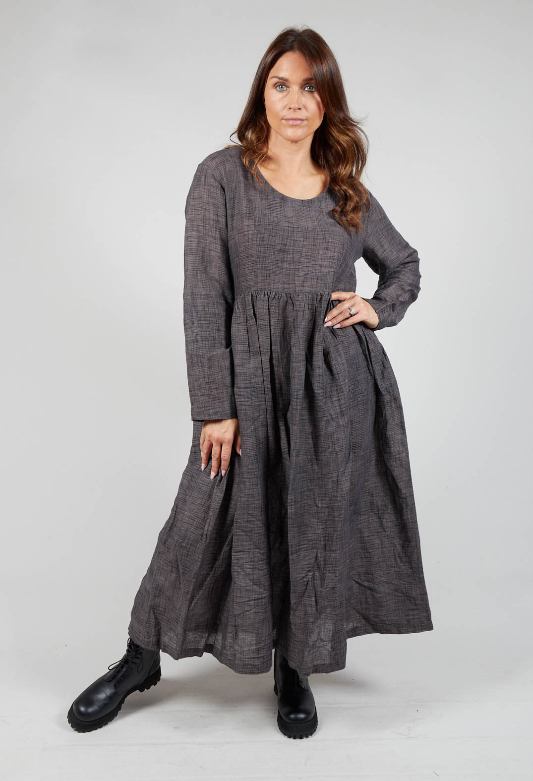 Gathered Cotton Ikkat Dress in Grey