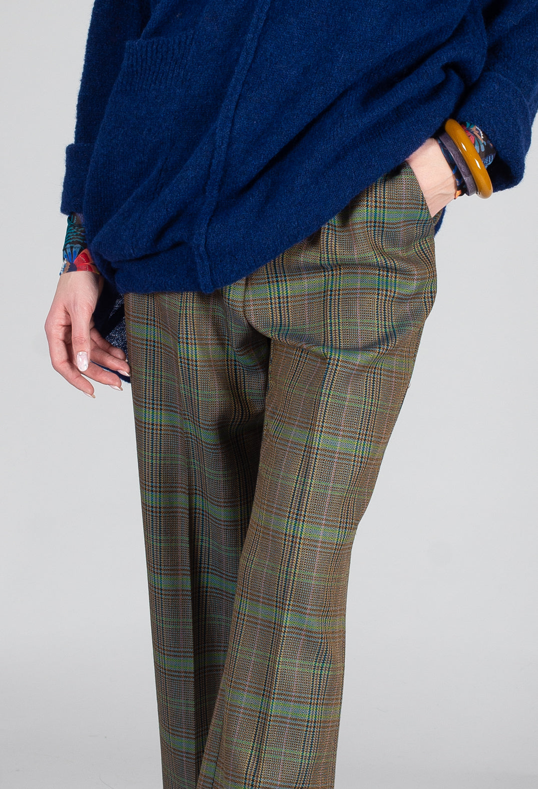 Tailored Check Wool Trousers in Kiwi
