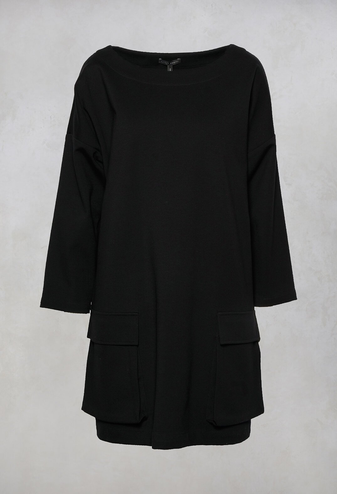 Slash Neck Tunic Dress with Large Pocket Detail in Black