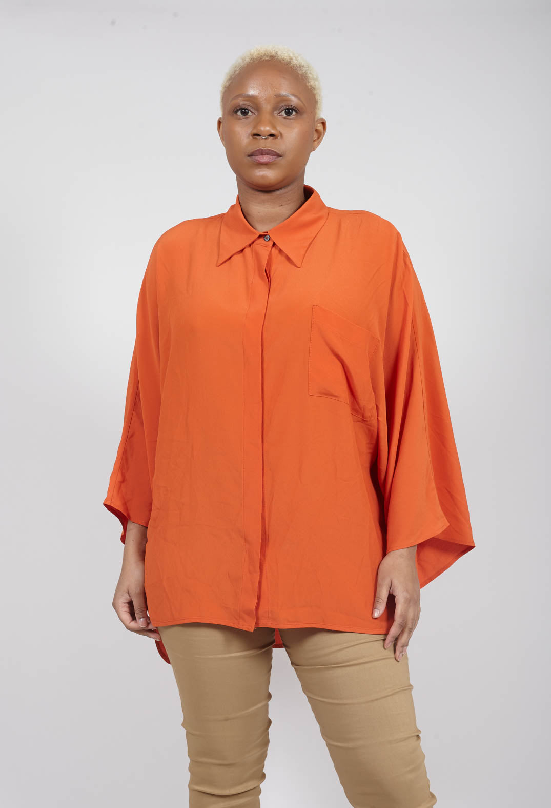 sheer silk shirt with front pocket in orange