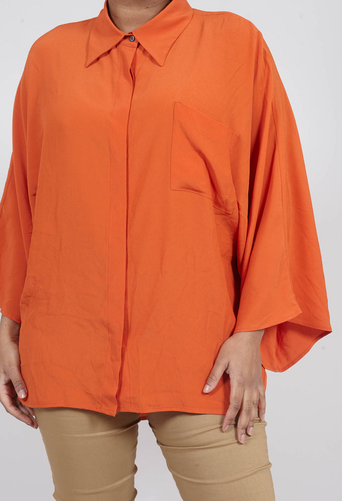 orange sheer silk shirt with pocket