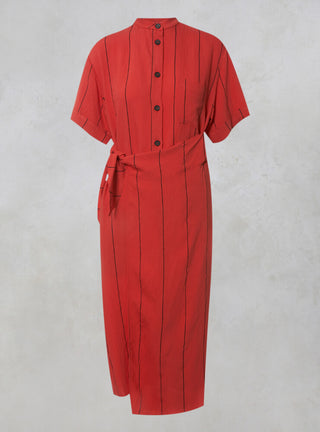 Midi Shirt Dress with Tie Over in Coral and Black Stripe